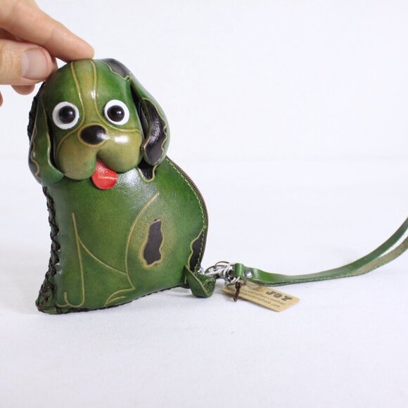 Green leather dog coin purse, small leather zippered puppy pouch, dog wallet - Picture 9 of 10
